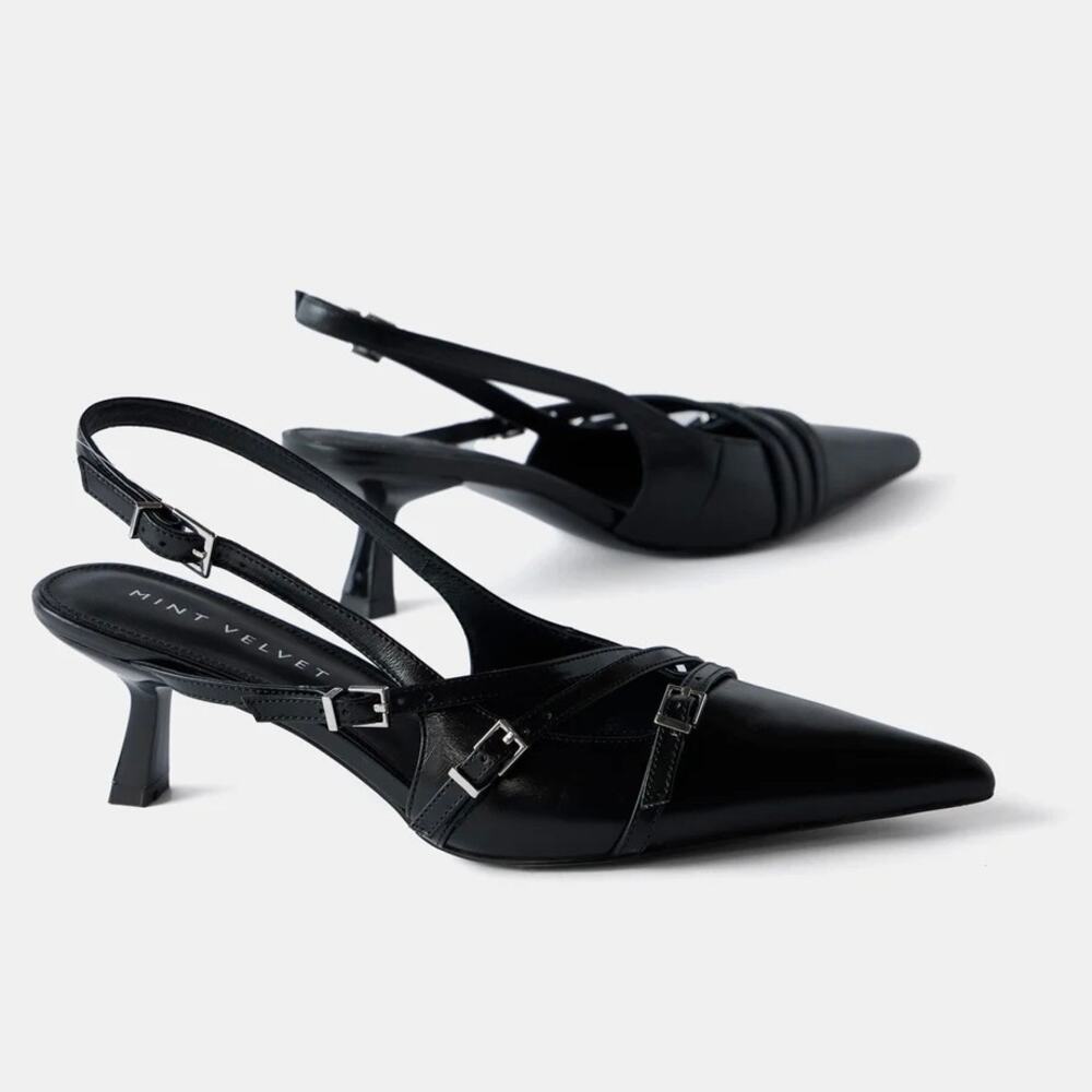 Black Pointed Slingback Heels with Straps - Picture 4 of 16